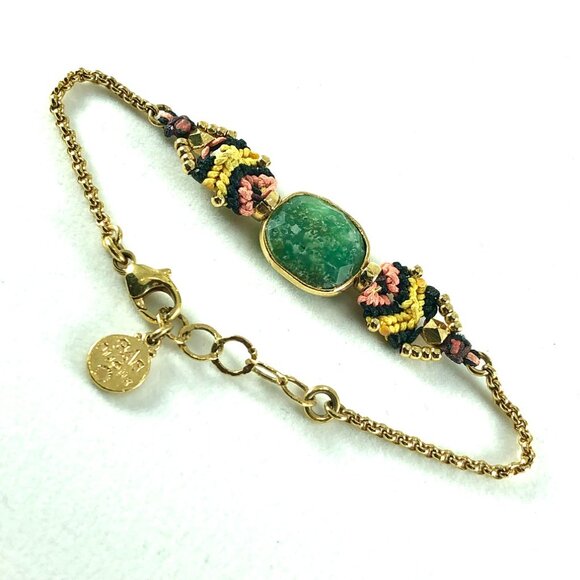 Gas Bijoux chain bracelet gold tone macrame with bezel set faceted green stone - Picture 4 of 11